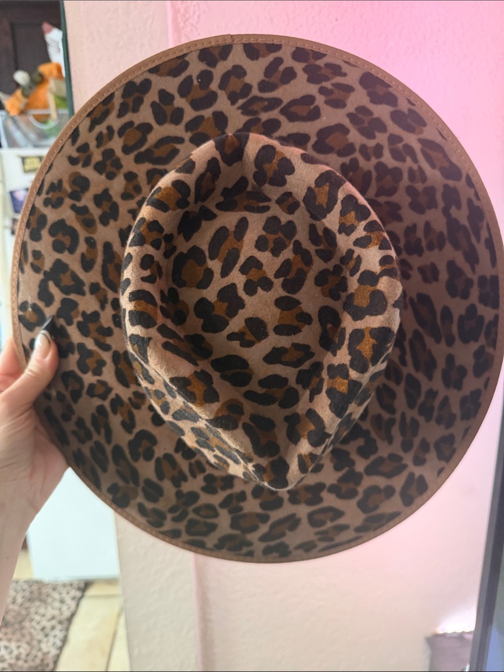 Leopard Print Wide-Brim Fedora Hat in Brown